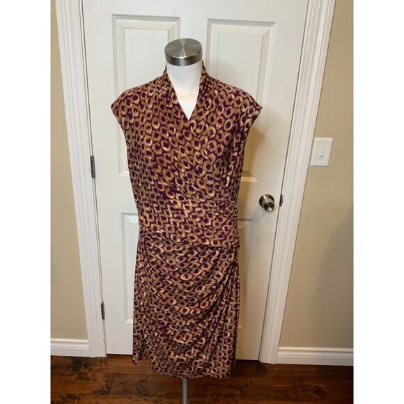 Lauren Ralph Lauren Purple & Tan Circle Print Sleeveless Faux Wrap Dress Size 14 - Picture 1 of 4